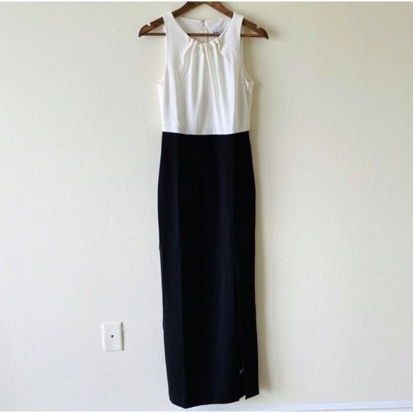 Nicole Miller Color Block Pearl Neck Gown 6 $395 Black White Formal Maxi Dress - Picture 7 of 7